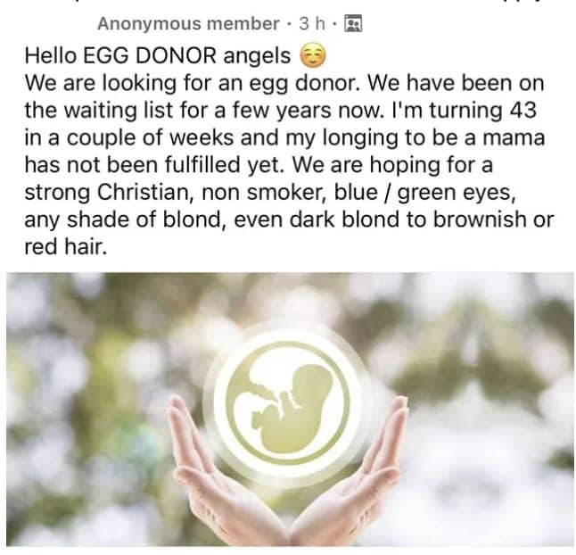 Anonymous online request for an egg donor with highly specific physical and religious requirements.
