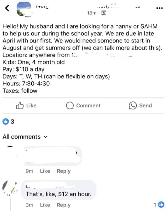 Job post seeking a nanny for twelve dollars an hour with a rigid school schedule.