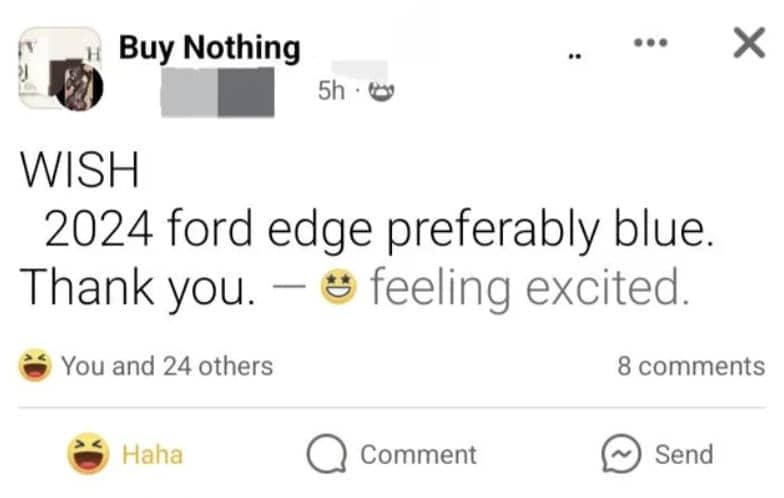 Short social media post wishing for a free 2024 Ford Edge in a specific color.