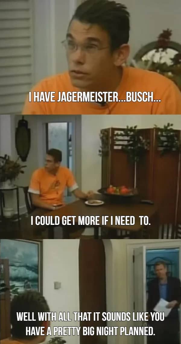 A man in an orange shirt listing alcohol options before Chris Hansen comments on his big night.