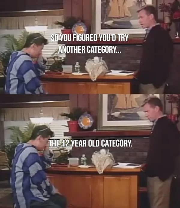 Chris Hansen confronting a man in a blue striped shirt about the twelve year old category.