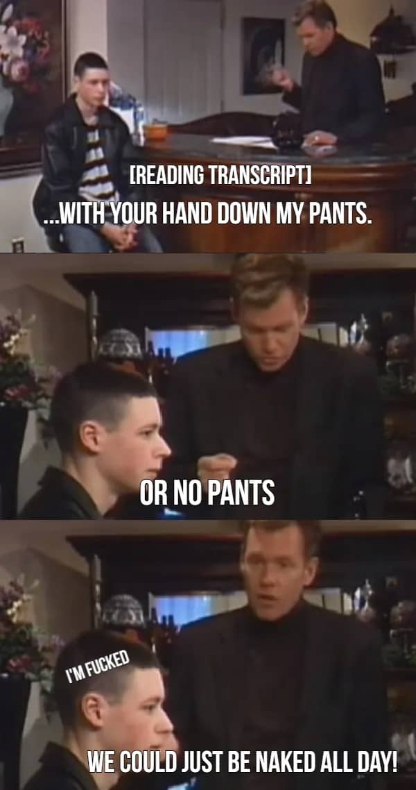 Chris Hansen reading a graphic chat transcript to a young man sitting on a bar stool.