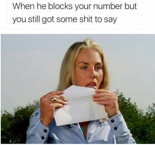 relatable classic meme showing a woman aggressively licking an envelope to send a letter, perfectly capturing the petty energy of still having things to say after getting blocked, a timeless favorite among old memes