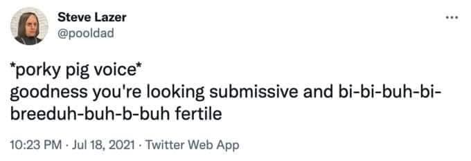 An unhinged crossover of Looney Tunes and modern internet slang defines this old meme tweet, which asks the reader to imagine Porky Pig delivering a deeply uncomfortable and "fertile" compliment.