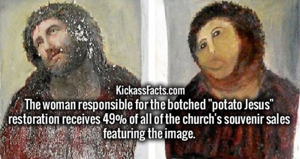 trivia-style classic meme showing the original "Ecce Homo" fresco side-by-side with the infamous "Potato Jesus" botched restoration. Text from KickassFacts notes that the woman responsible for the botch now receives 49% of the church's souvenir sales.