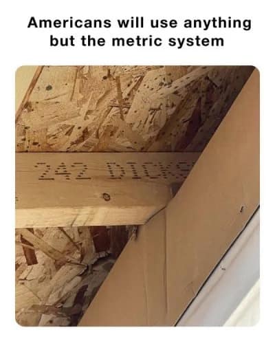 classic meme poking fun at the imperial measurement system, showing a construction board marked '242 DICKS' with a caption joking that Americans will use absolutely anything but the metric system.