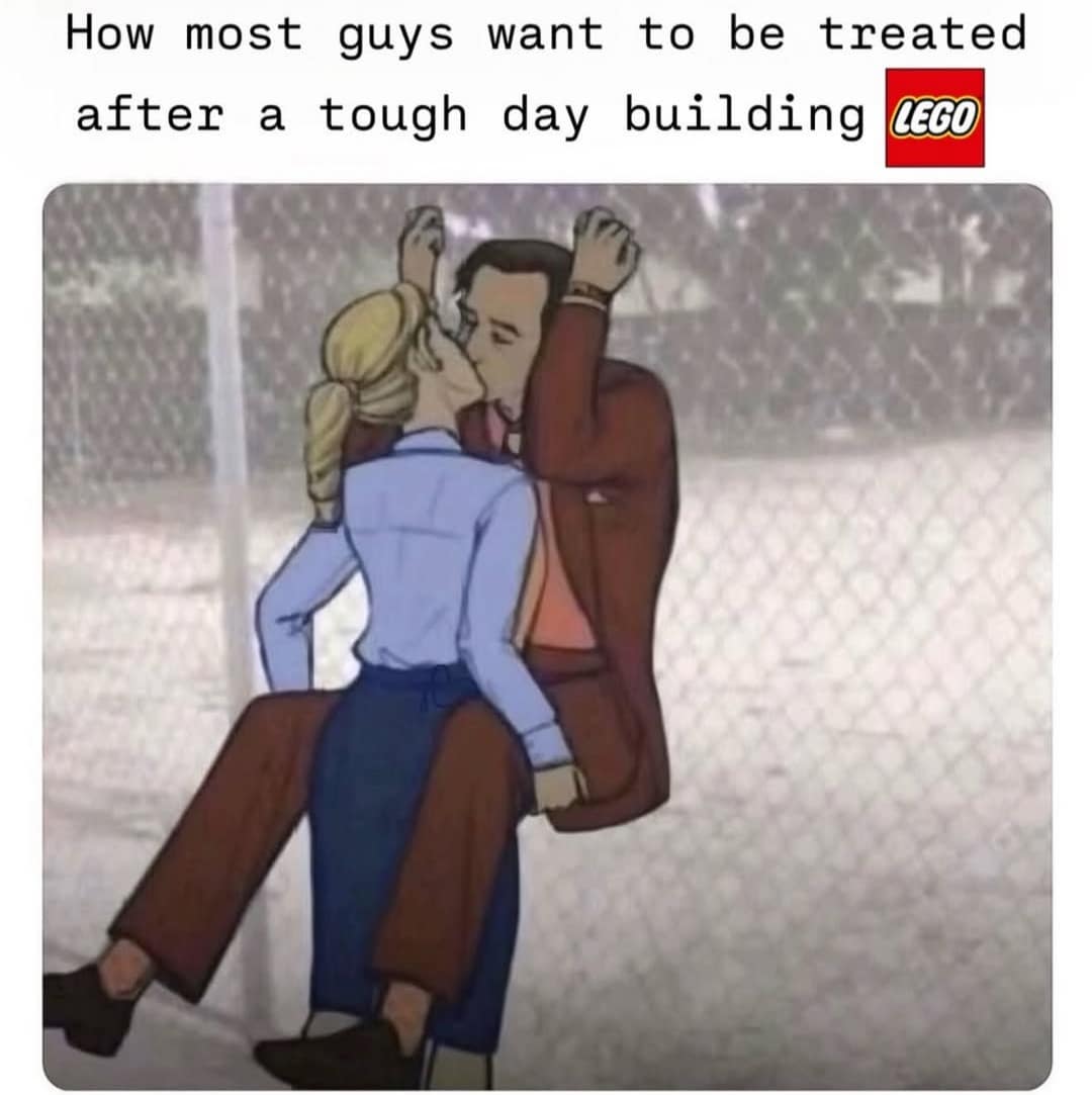 romantic illustration of a couple's intense reunion serves as a humorous commentary on the specific way men wish to be welcomed home after the grueling labor of building complex LEGO sets.