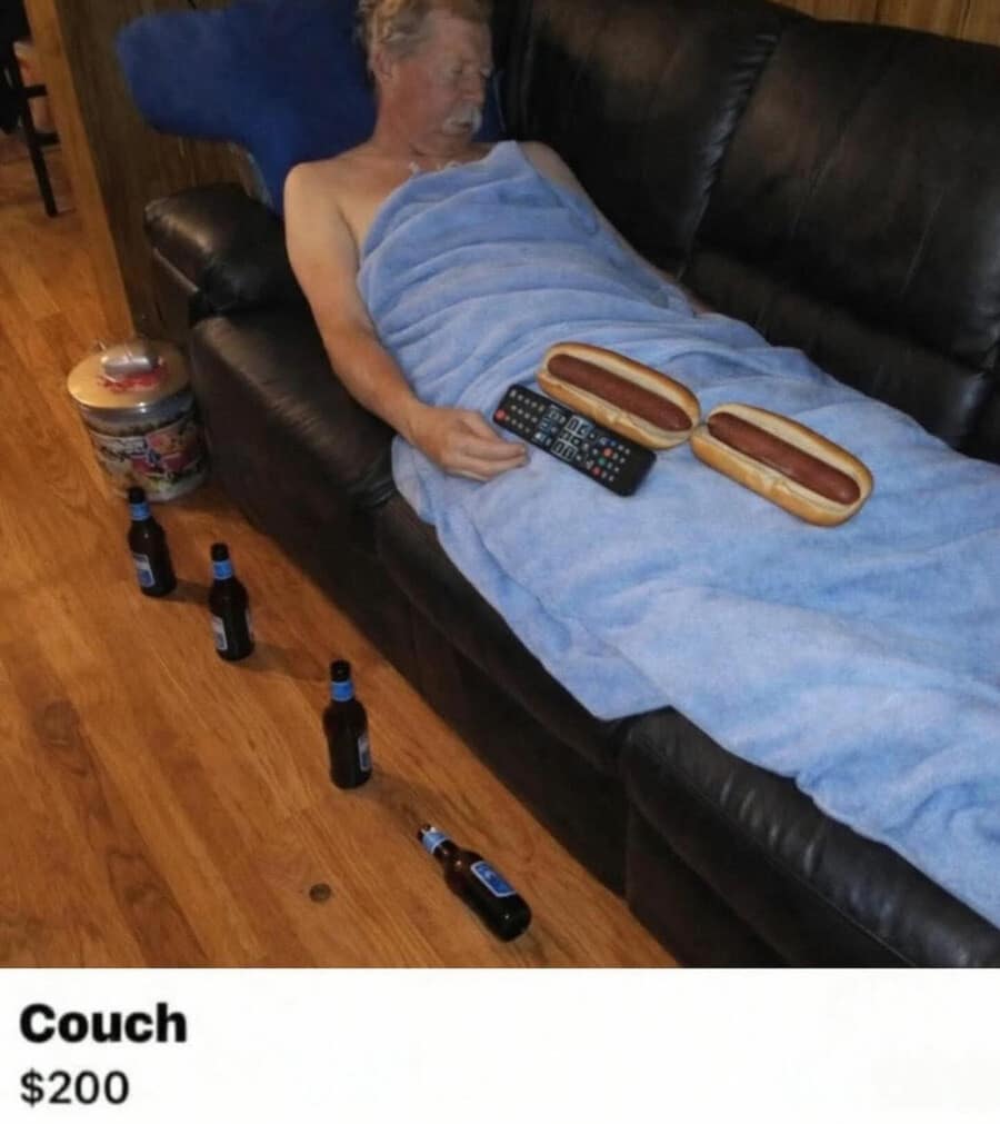 A classic meme of a chaotic Facebook Marketplace listing for a "$200 Couch." The photo depicts a man sleeping on a black leather sofa with two hot dogs in buns balanced on his stomach next to a TV remote, while a row of four empty beer bottles is lined up on the floor.