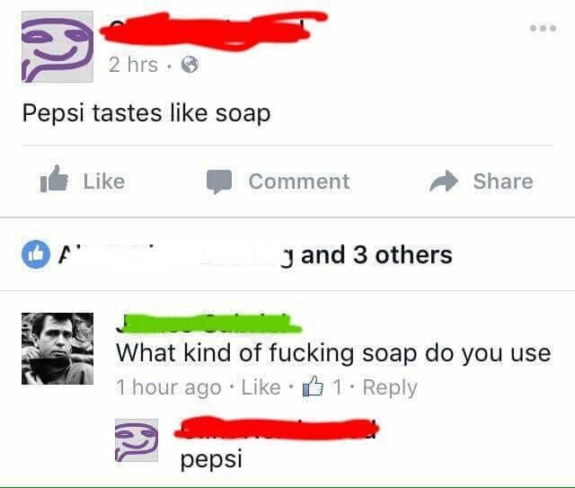 The circular logic of a chaotic Facebook argument highlights this classic meme, where a user claims Pepsi tastes like soap because the soap they use is apparently Pepsi