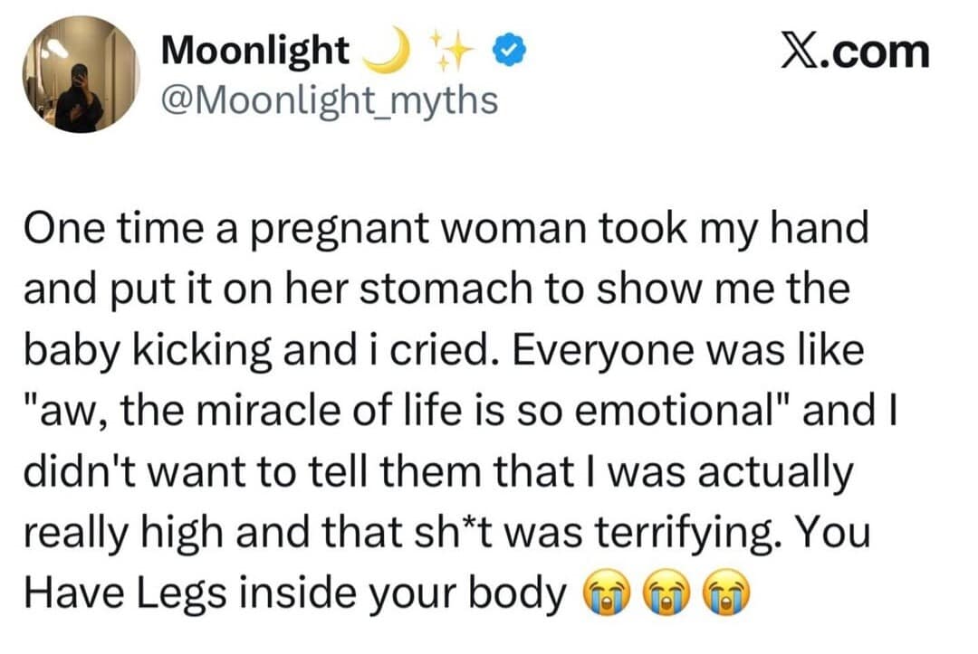 The specific, terrifying clarity of being high is joked about in this old meme, where a user realizes with horror that pregnancy means there are literal legs moving inside a human body.