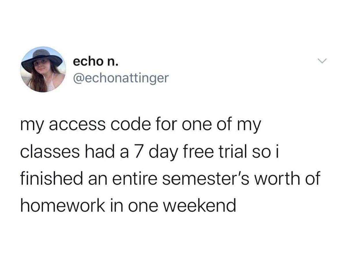 screenshot of a brilliant academic heist, detailing how a student exploited a seven-day textbook trial to grind through an entire semester's curriculum in a single weekend