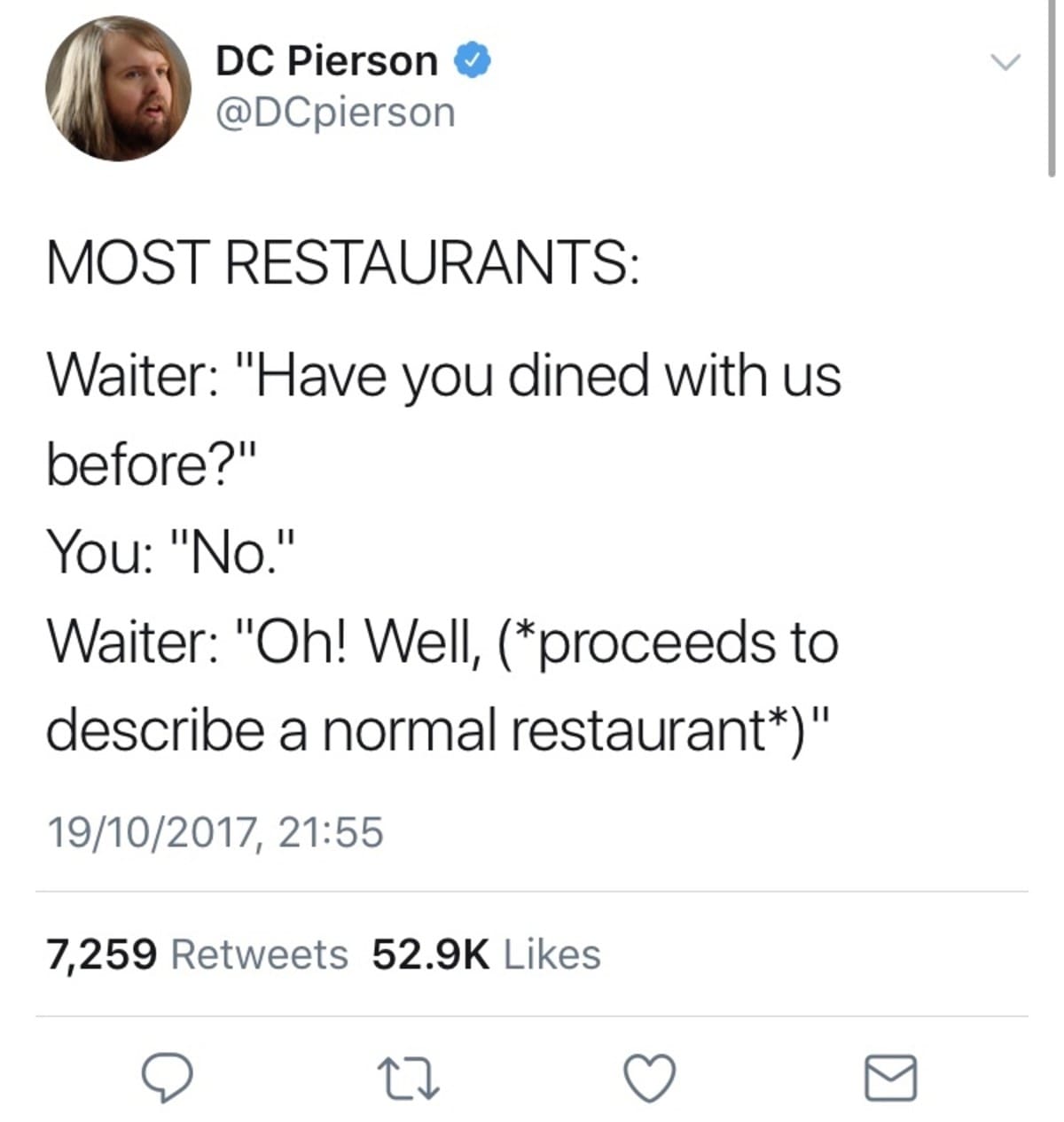 painfully accurate classic meme highlighting the hilariously unnecessary restaurant experience where a waiter asks if you have dined there before, only to unnecessarily explain the basic concept of ordering food.