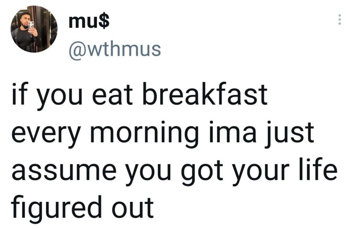 hilarious classic meme tweet setting the ultimate standard for adulthood, boldly declaring that if someone actually wakes up early enough to eat a real breakfast every single morning, they must have their entire life figured out.