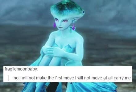 Highlighting the peak lazy energy of modern dating, this classic meme features a blue fantasy character refusing to make the first move or move at all, simply requesting to be carried.