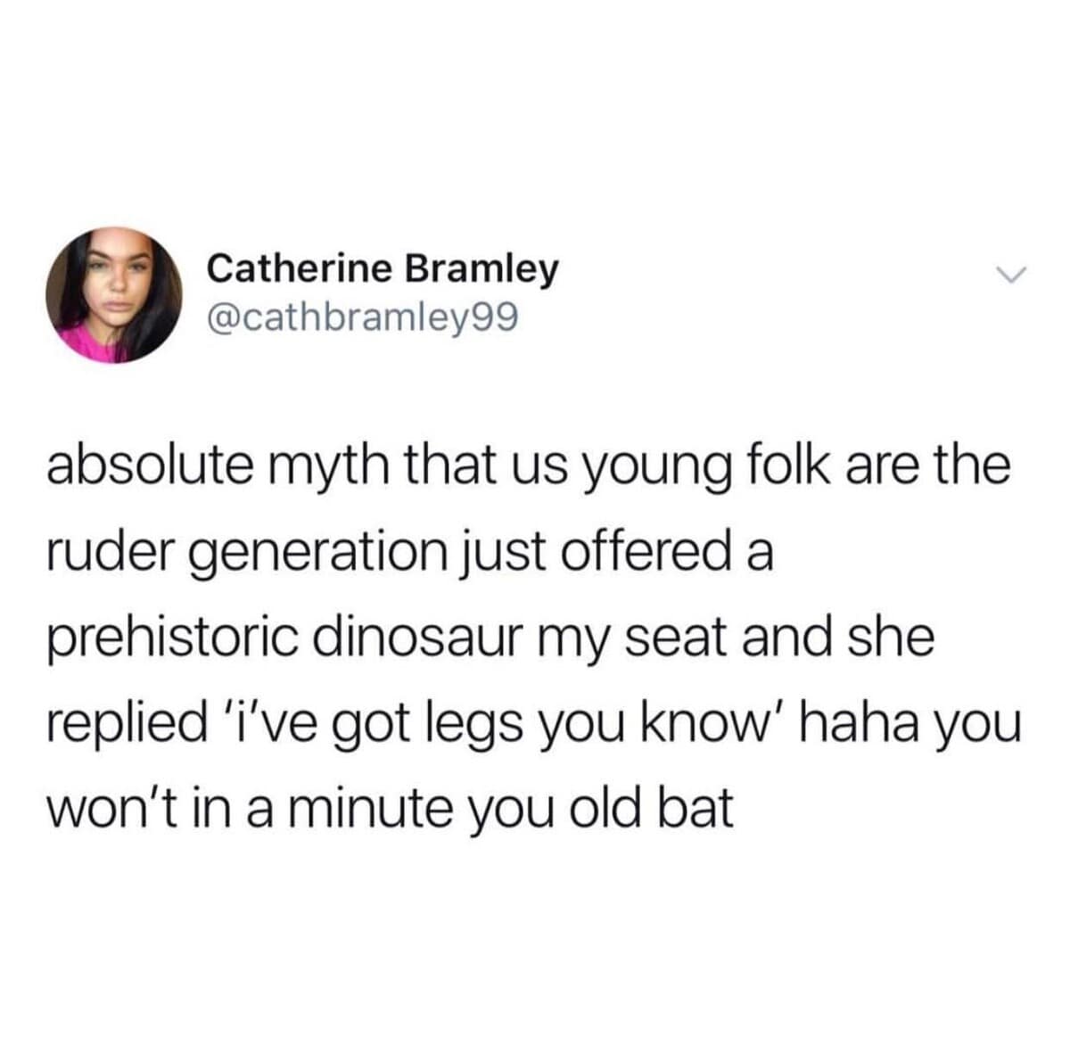 The simmering tension of generational warfare is captured in this spicy old meme tweet describing a failed attempt at being polite to a "prehistoric dinosaur" on public transit.