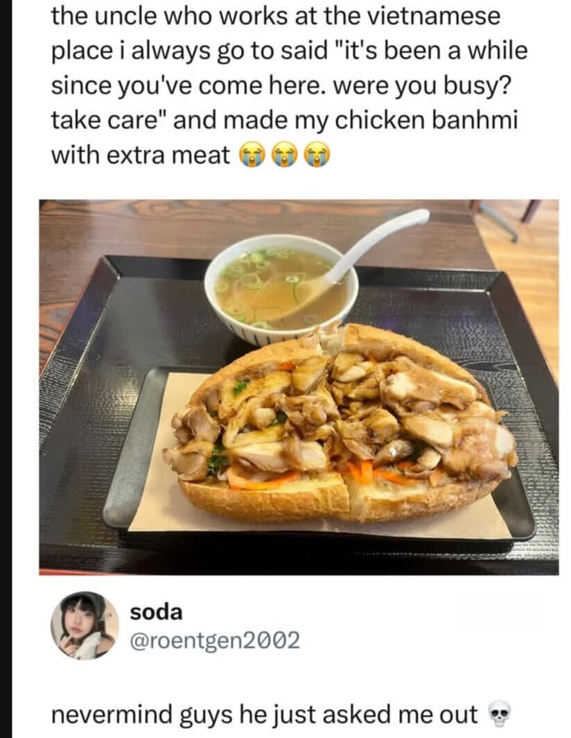 A two-part social media story that pivots sharply from a heartwarming tale of a generous restaurant owner giving "extra meat" to the sudden realization that it was actually a romantic advance.