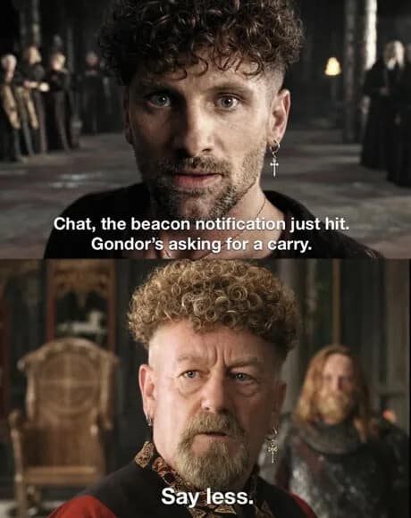 Aragorn and King Theoden from Lord of the Rings photoshopped with modern curly zoomer fade haircuts. An absolutely unhinged classic meme using modern gamer slang to ask for a carry in battle.