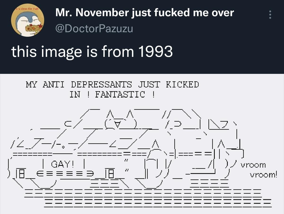 A fascinating piece of internet history: an ASCII art classic meme dated from 1993. It features a car made of text characters with the words "MY ANTI DEPRESSANTS JUST KICKED IN ! FANTASTIC !" above it and "GAY!" on the side, complete with "vroom vroom!" sound effects.