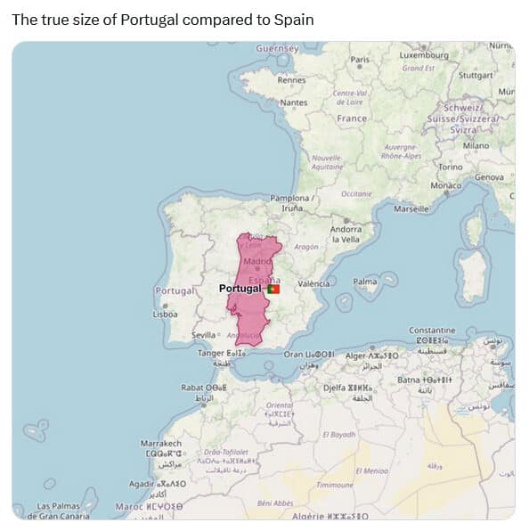 A satirical map showing the true size of Portugal compared to Spain by literally just placing the country of Portugal directly into the middle of the Spanish map. Brilliant classic memes about geography.