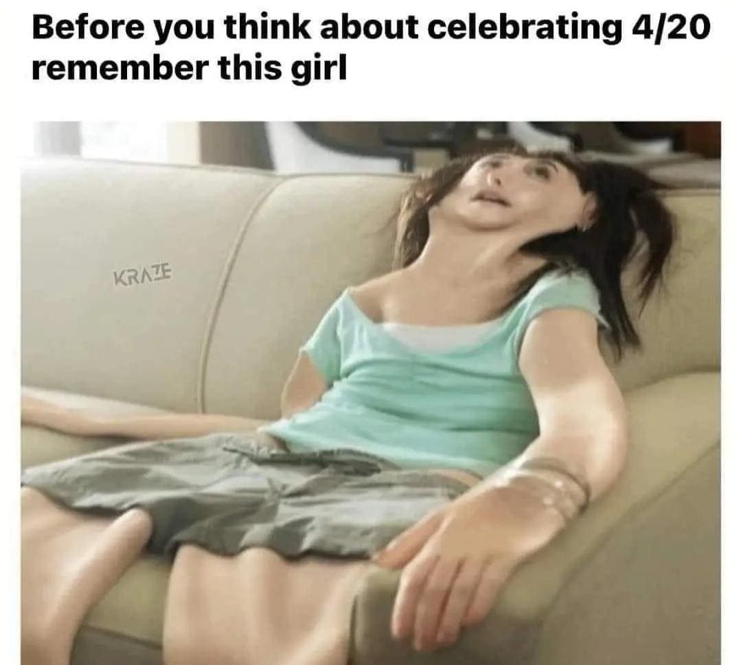 hilarious classic meme parodying dramatic anti-drug PSAs, showing a girl completely deflated and melted into a beige couch to warn people about the extreme physical dangers of celebrating the holidays, a staple of old memes.