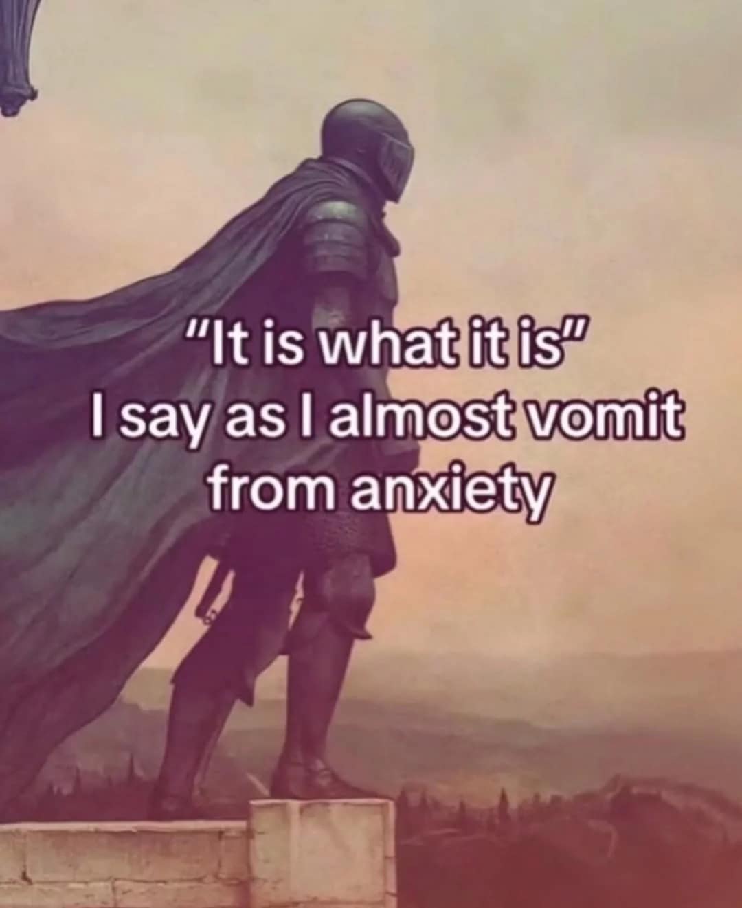 relatable classic meme showing a stoic knight in full armor looking out over a vast horizon, captioned with the phrase "It is what it is," while admitting they are actually on the verge of vomiting from pure anxiety.