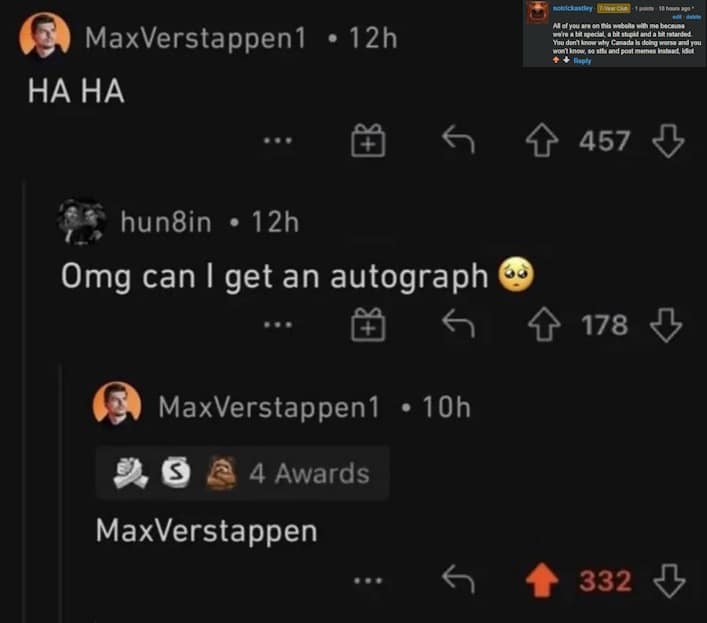 Reddit thread where a user asks Max Verstappen for an autograph and he literally just types out his name. Pure classic meme comedy.