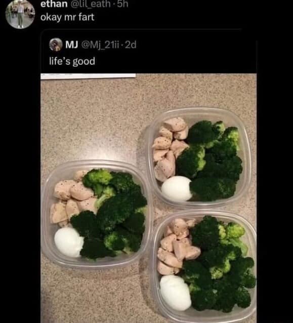 brutal classic meme showing a ridiculously plain meal prep of boiled chicken, broccoli, and a hardboiled egg captioned life is good, only to be immediately shut down by a reply calling them mr fart, earning its place in the hall of fame of old memes.
