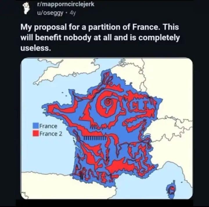 absurd map-based classic meme proposing a completely useless partition of France, dividing the country into "France" and "France 2" using a wildly chaotic, jagged, and spiraling red boundary line that benefits absolutely no one.