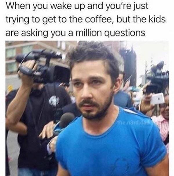 accurate classic meme using a highly disheveled Shia LaBeouf surrounded by flashing cameras to represent the intense morning struggle of just trying to get coffee while kids ask a million rapid-fire questions.