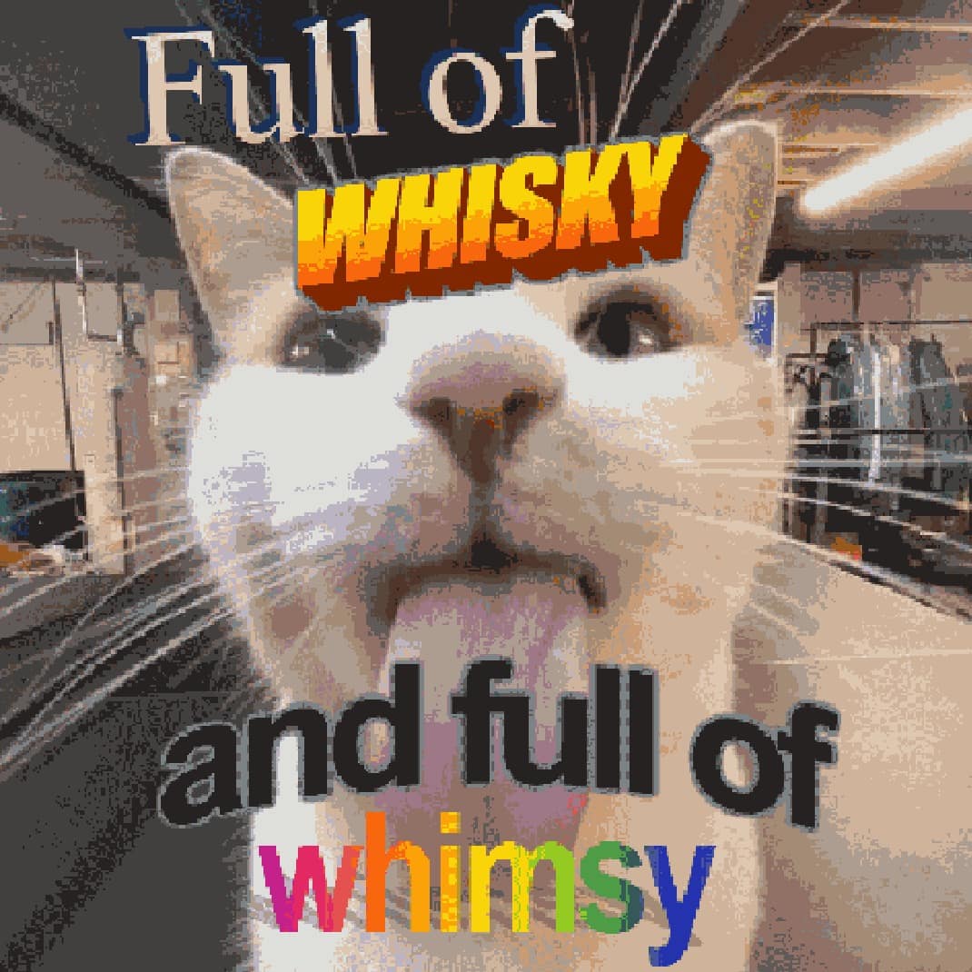 A high-energy classic meme showcasing a low-resolution photo of a cat with its tongue out, overlaid with colorful, retro WordArt text proclaiming the feline is "Full of WHISKY and full of whimsy."