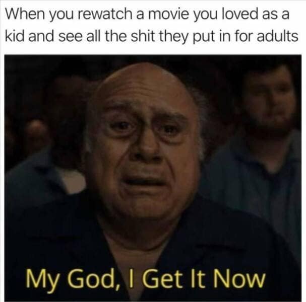 classic meme featuring a tearful Danny DeVito dramatically declaring that he gets it now, perfectly capturing the sheer shock of rewatching a childhood movie and finally understanding all the hidden adult jokes.