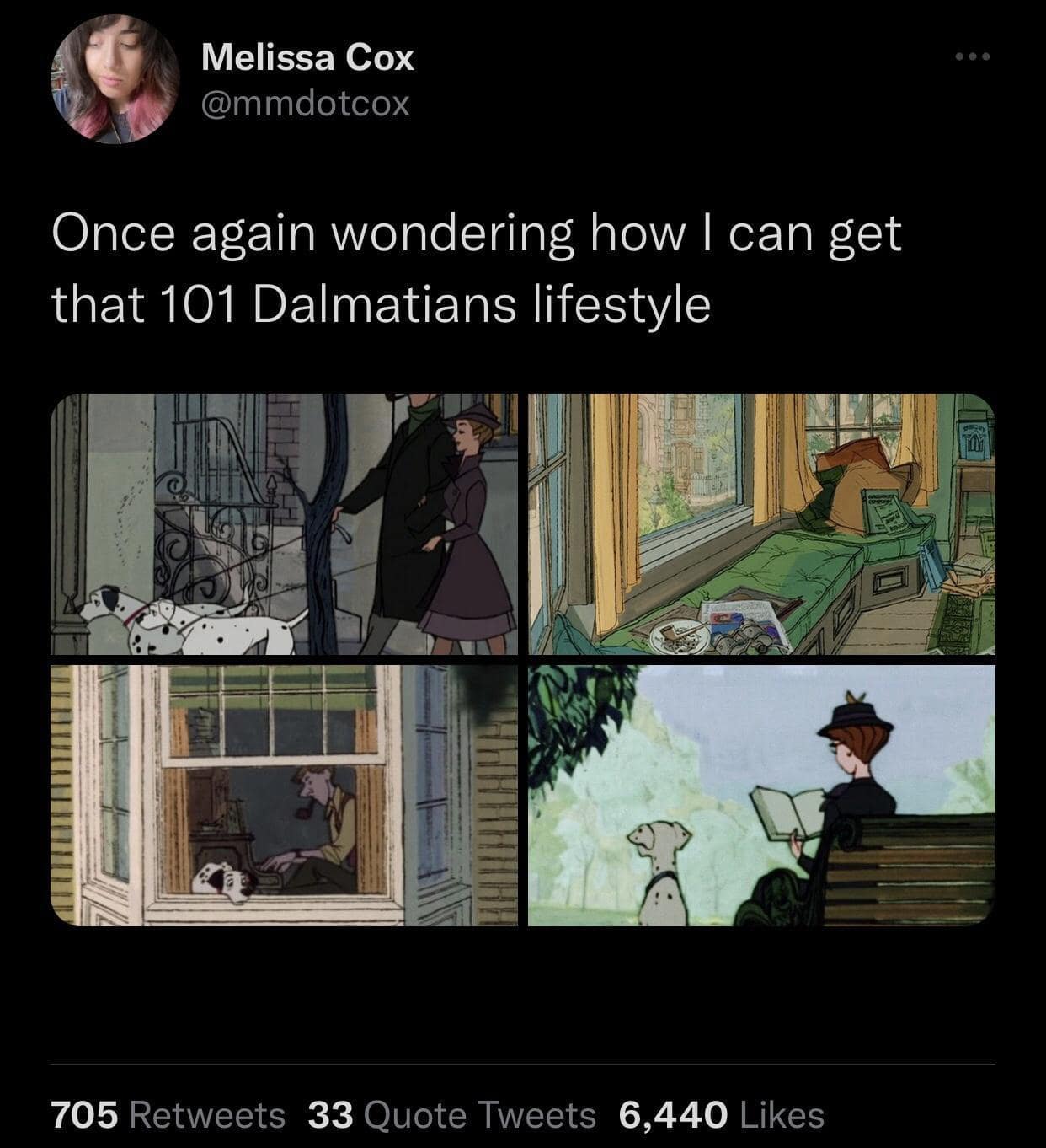 classic meme highlighting the absolute dream lifestyle of the humans in 101 Dalmatians, showing them reading books, smoking pipes, and staring out windows in a beautiful mid-century London apartment.