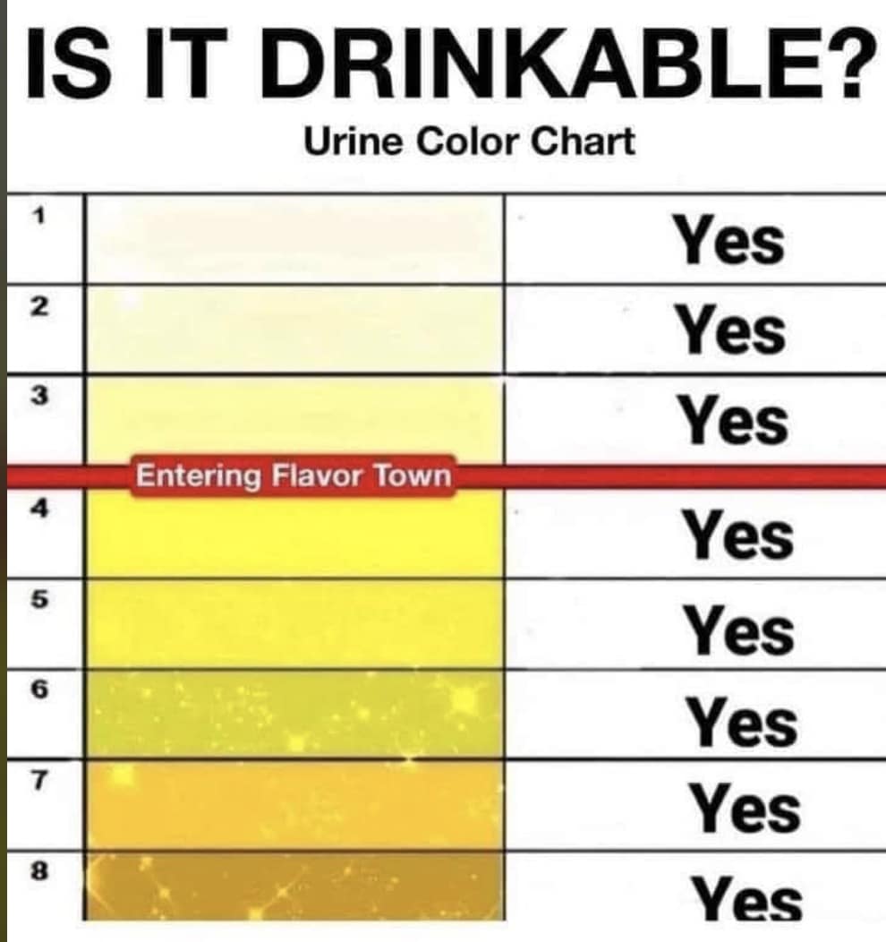 cursed and funny old meme featuring a "Urine Color Chart" titled "Is it Drinkable?" where every hydration level is labeled "Yes," with a special red line marking the dark yellow stage as "Entering Flavor Town."