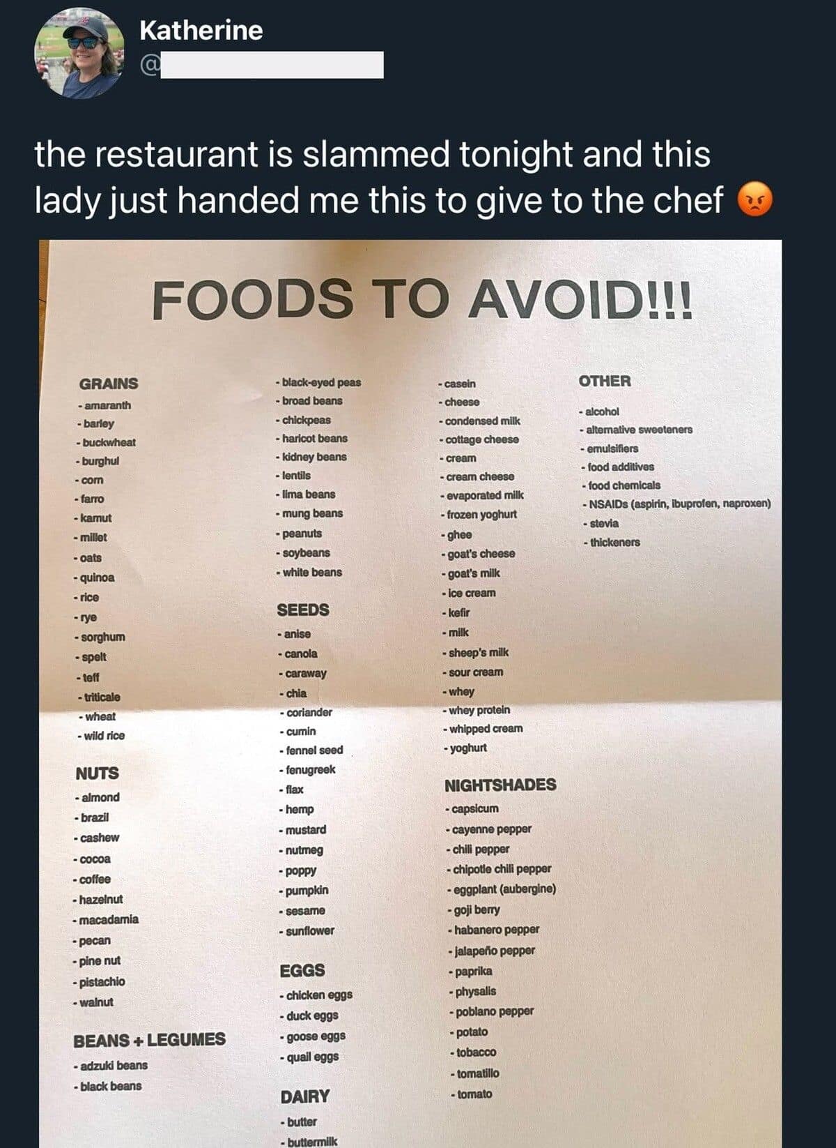 An old meme showing an incredibly long and detailed list of "FOODS TO AVOID!!!" handed to a waitress during a rush. The list includes almost every common ingredient, from grains and nuts to dairy and nightshades.