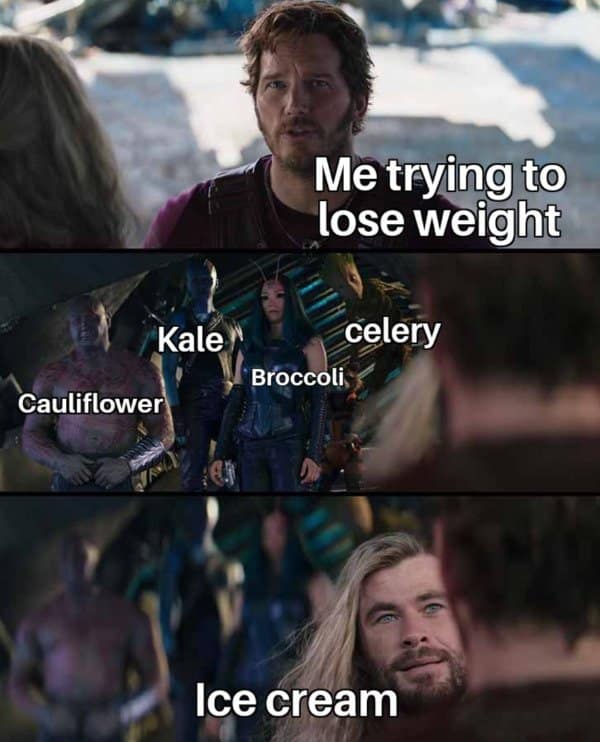 The losing battle of healthy eating is portrayed in this old meme using a Guardians of the Galaxy scene, where Thor represents the irresistible temptation of ice cream over kale and broccoli.