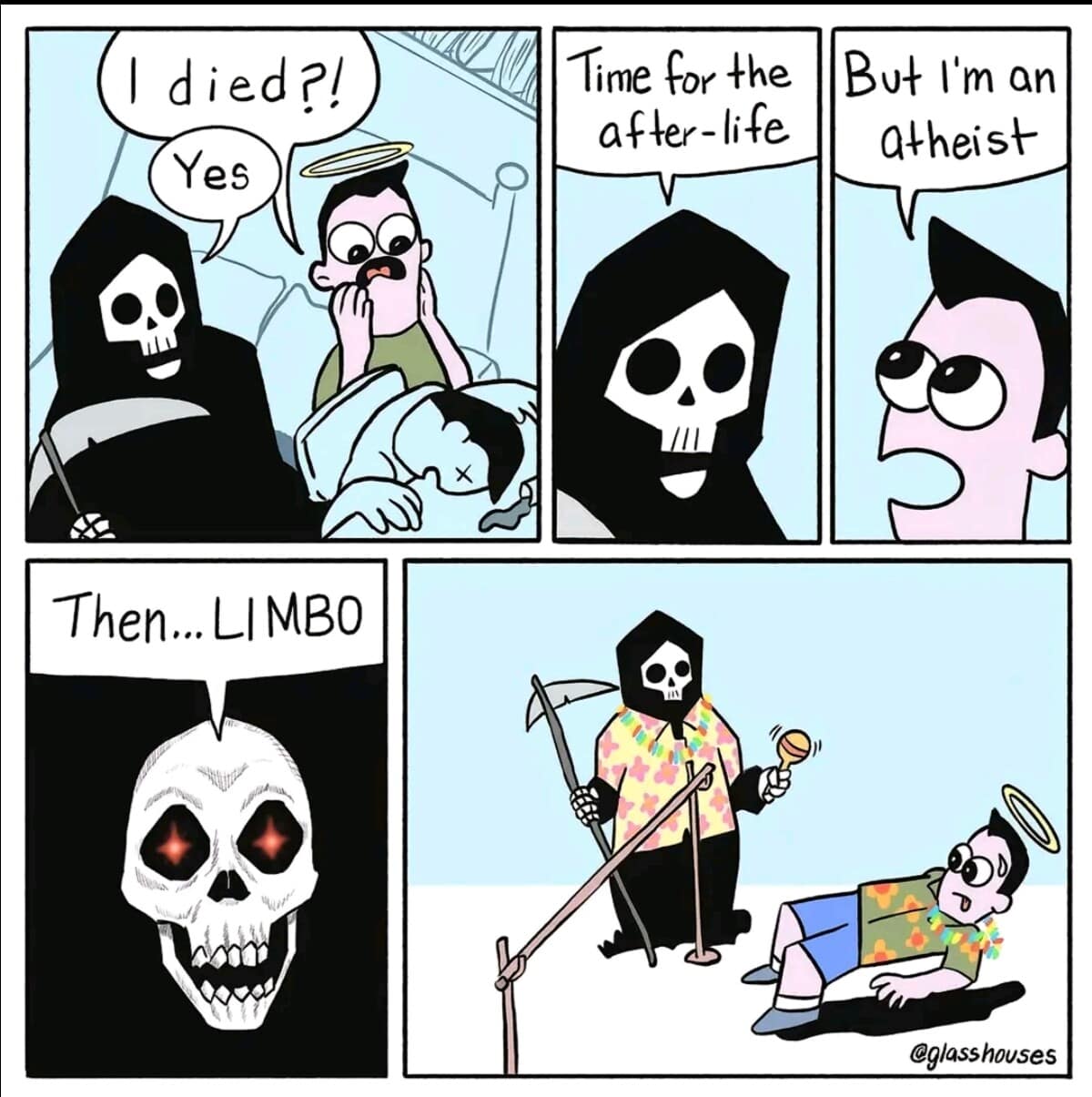 clever comic-style classic meme featuring a man meeting the Grim Reaper. Upon learning he is an atheist, the Reaper takes him to "LIMBO"—which is revealed to be a Hawaiian-themed limbo dance party with a tropical shirt and maracas.