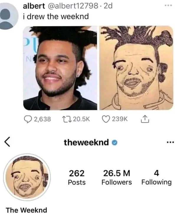 heartwarming and viral classic meme documenting a fan interaction. It shows a fan's "bad" drawing of The Weeknd, followed by a screenshot proving the singer actually used the crude, bug-eyed caricature as his official Instagram profile picture.