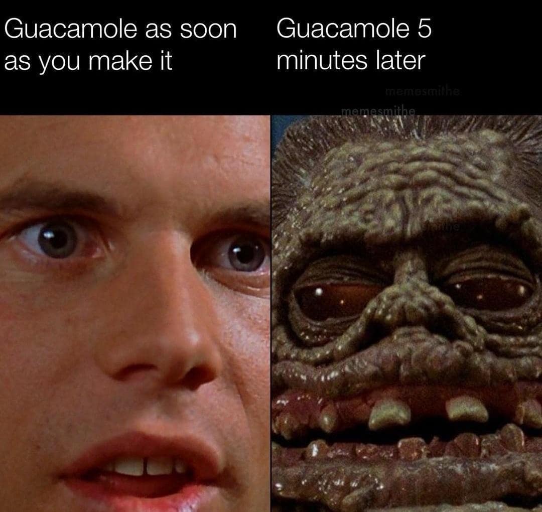 A two-panel classic meme comparing guacamole oxidation. On the left, a smooth-skinned face represents "Guacamole as soon as you make it"; on the right, a shriveled, brown monster face represents "Guacamole 5 minutes later."