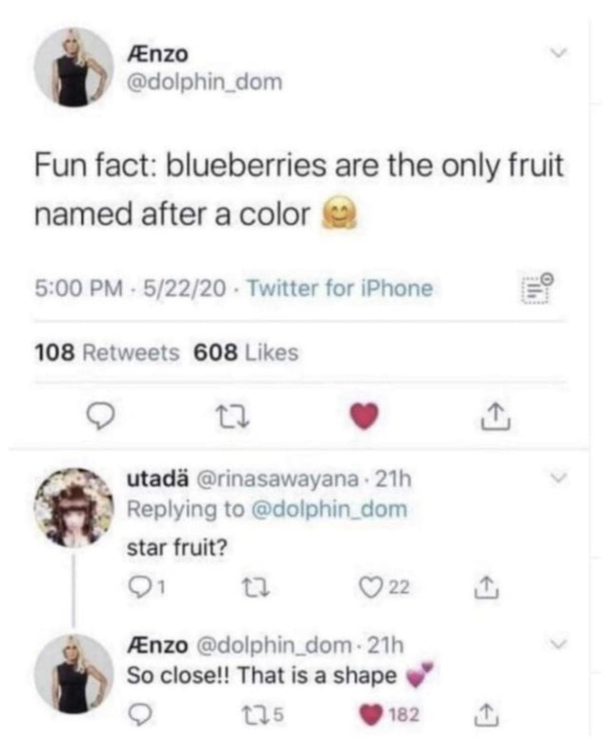 A viral best memes screenshot of a Twitter exchange. User @dolphin_dom posts: "Fun fact: blueberries are the only fruit named after a color." A reply asks "star fruit?" to which the original poster condescendingly responds: "So close!! That is a shape." (Ignoring the obvious answer: Oranges).