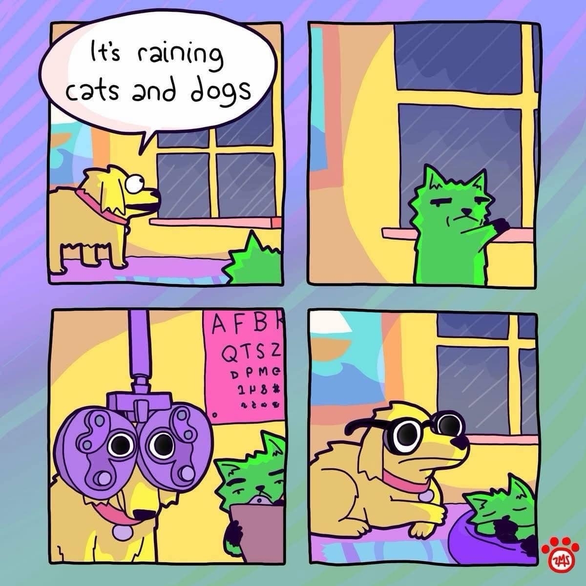 wholesome classic meme comic perfectly illustrating the absolute panic pets feel during a thunderstorm, showing a dog getting an eye exam because he thought it was literally raining cats and dogs.
