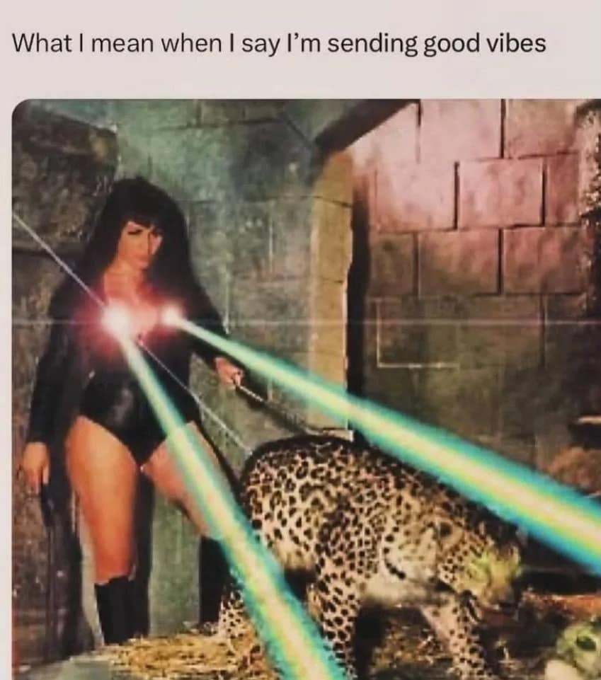 An absurdist classic meme visualizing a common phrase. Below the caption "What I mean when I say I’m sending good vibes," a grainy, vintage-style photo shows a woman in a black leotard with bright green lasers shooting from her chest toward a leopard in a stone dungeon.