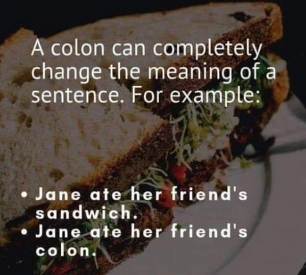 witty linguistic joke superimposed over a sandwich, demonstrating how a "colon"—either punctuation or the organ—completely changes the meaning of a sentence regarding a friend’s lunch.