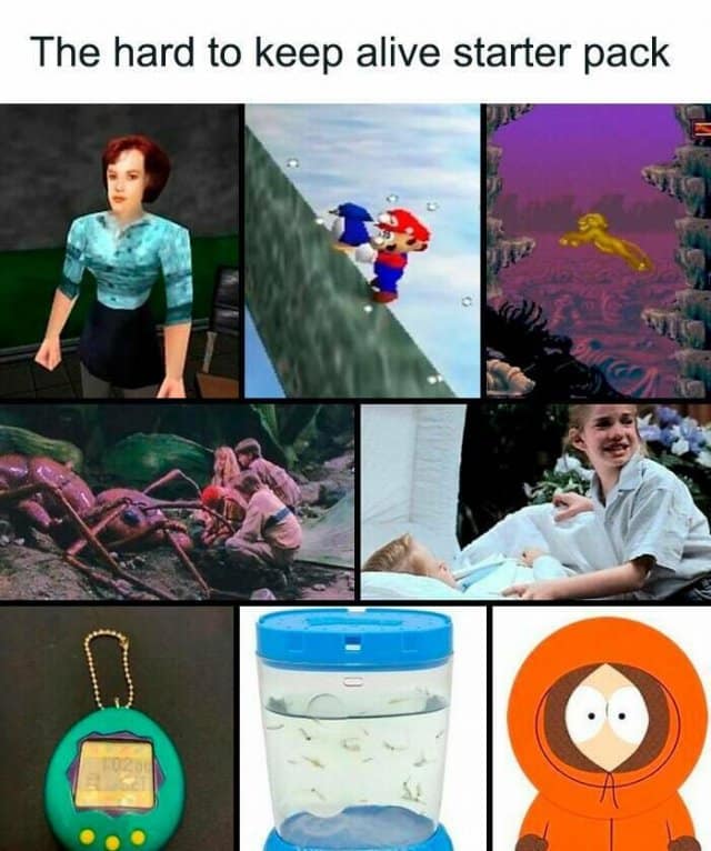 The "Hard to Keep Alive Starter Pack" best memes collage. It features icons of fragile existence: Natalya from GoldenEye, the baby penguin from Mario 64, Simba from the SNES game, the ant from Honey, I Shrunk the Kids, Thomas J. from My Girl, a Tamagotchi, Sea-Monkeys, and Kenny from South Park.
