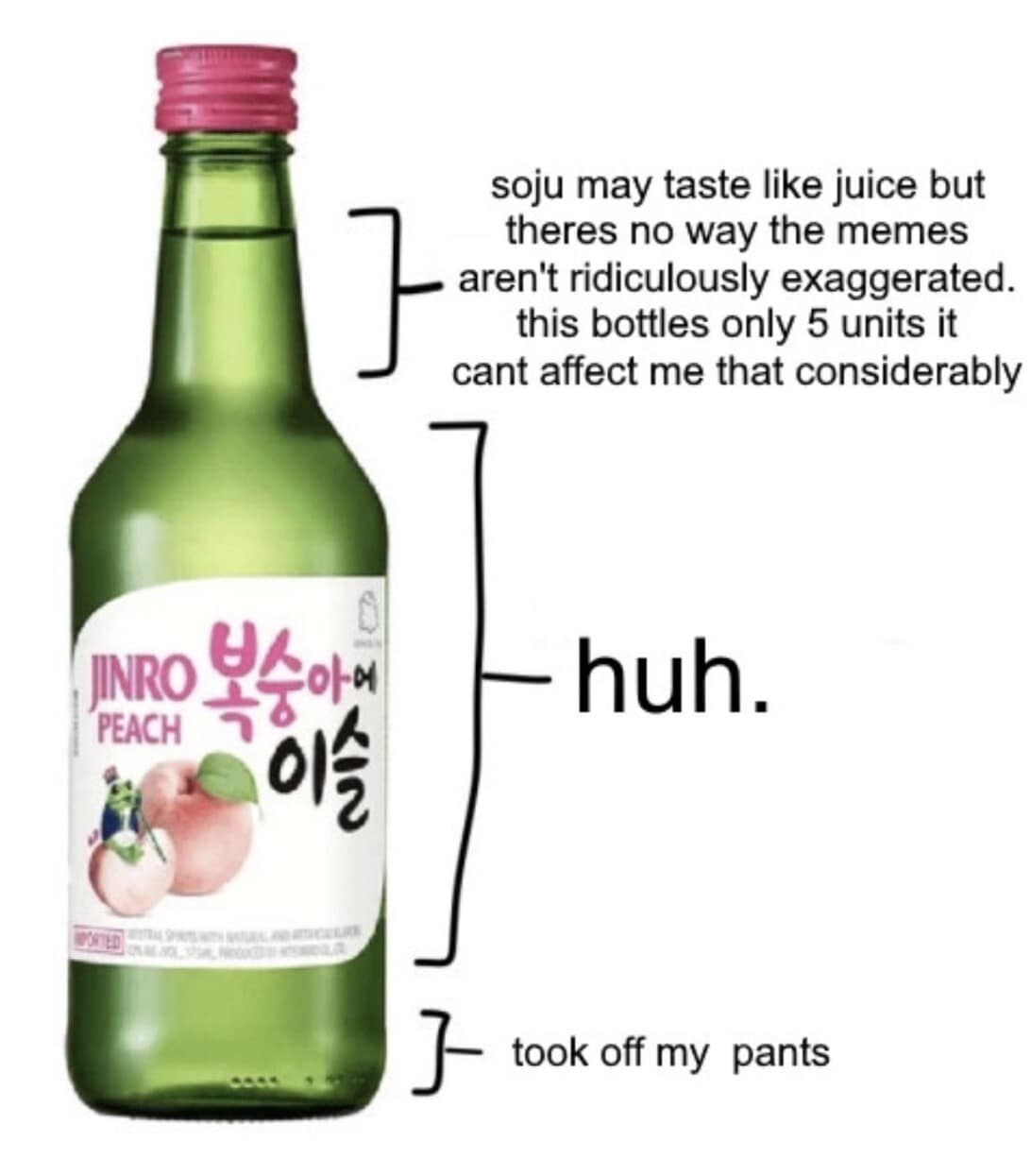 A funny old meme analyzing the deceptive potency of a bottle of peach soju, where the top sip feels perfectly fine but reaching the bottom magically results in taking off your pants.