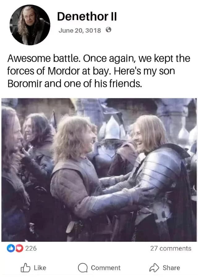 A Lord of the Rings old meme featuring a fake Facebook post from Denethor praising his favorite son Boromir while blatantly referring to his other son Faramir as just one of his friends.