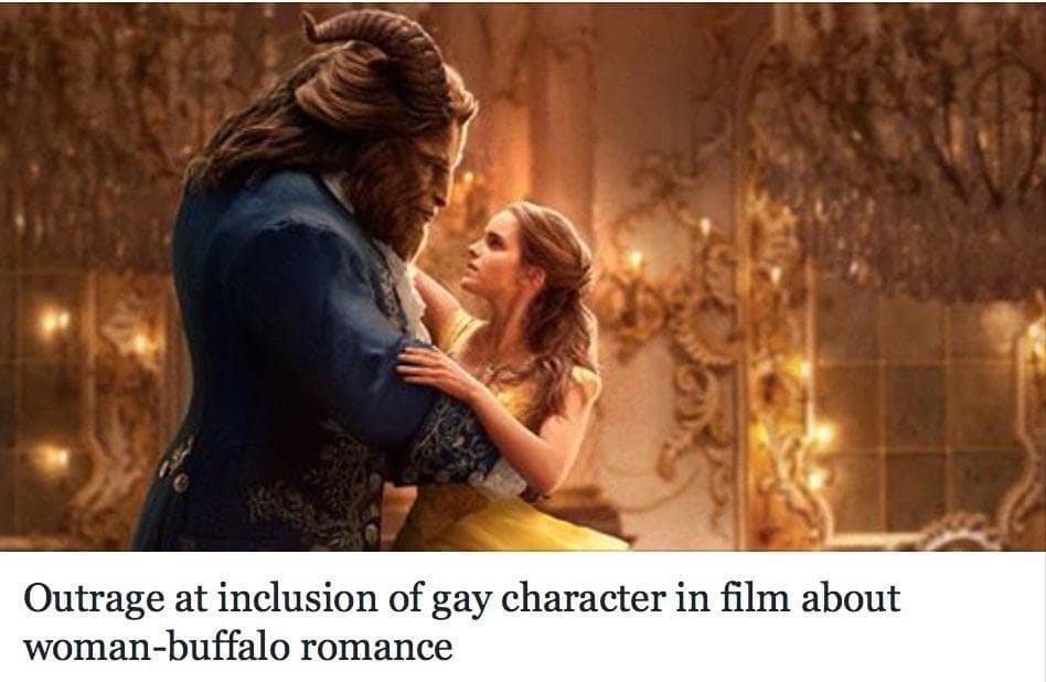satirical old memes news headline featuring Emma Watson and the Beast. The text mocks selective outrage: "Outrage at inclusion of gay character in film about woman-buffalo romance."