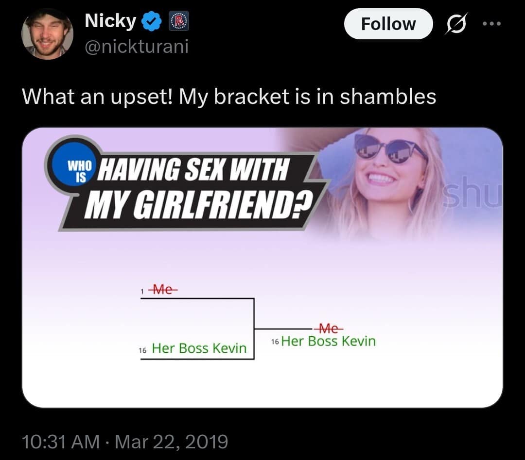 A viral classic meme tweet from Nick Turani featuring a mock tournament bracket titled "WHO IS HAVING SEX WITH MY GIRLFRIEND?". The caption "My bracket is in shambles" pairs with the visual of 1-seed "Me" being defeated by 16-seed "Her Boss Kevin."
