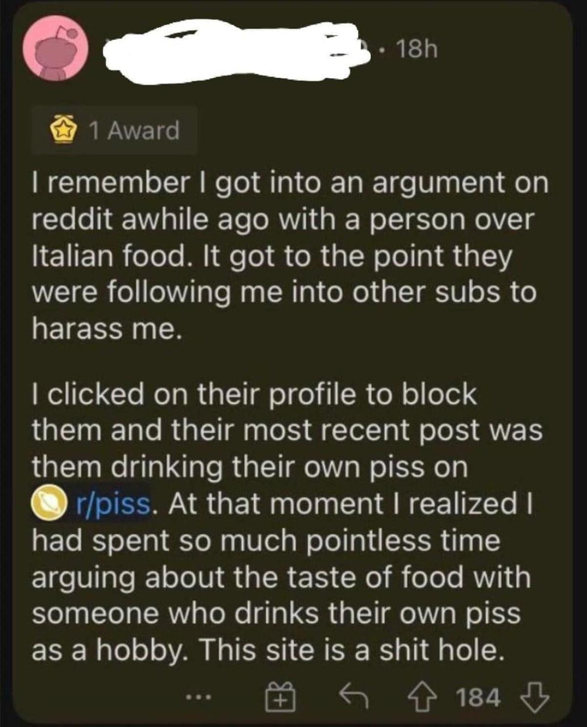 A wild old meme showing a Reddit comment realizing an intense argument about Italian food was completely pointless after discovering the other user literally drinks their own urine.