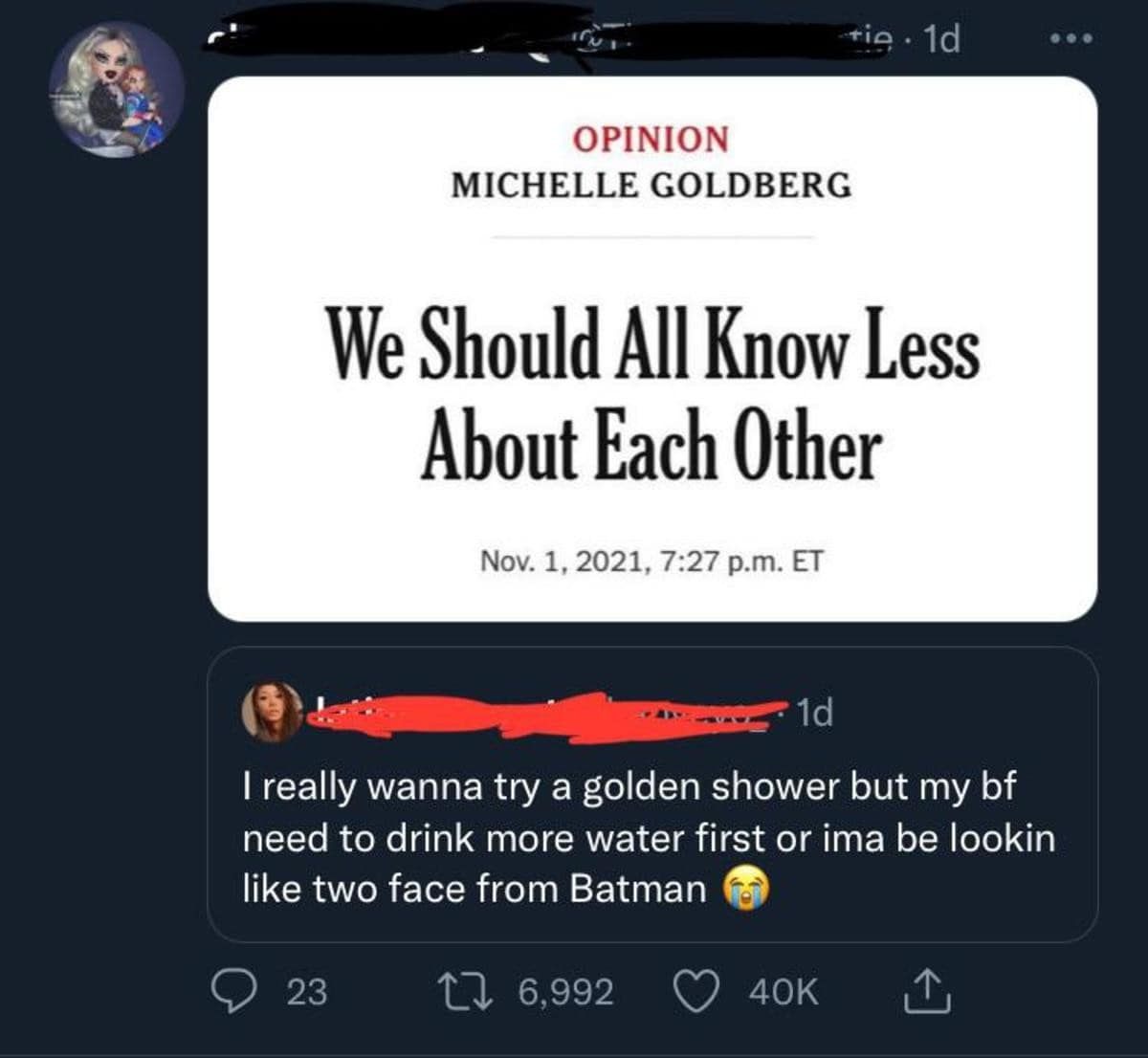 An opinion article titled We Should All Know Less About Each Other placed directly above a wildly oversharing internet comment about a golden shower in this classic meme.