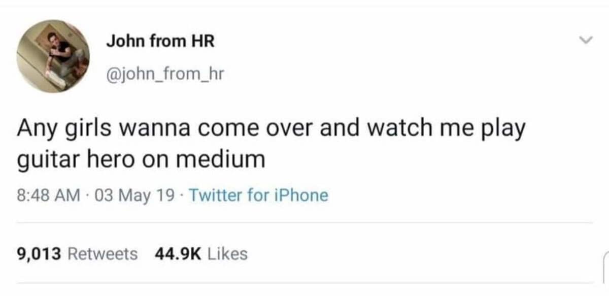 A funny old meme tweet showing a guy confidently trying to flirt by asking girls if they want to come over and watch him play Guitar Hero on medium difficulty.